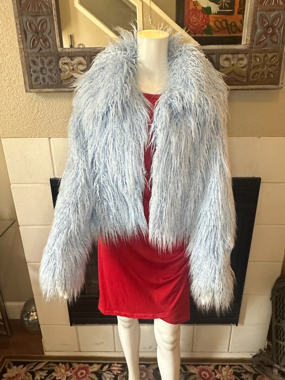 VTG FOREVER21 Blue Long Hair Faux Fur open Jacket Large Long Sleeve Collared - Picture 3 of 16